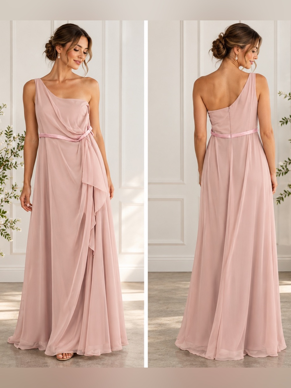 Azazie Blush Pink One Shoulder Chiffon Bridesmaid Formal Maxi Gown Size C
